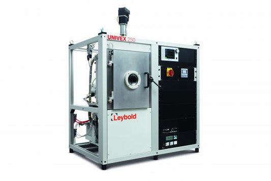 The Leybold North America HV-experimentation system UNIVEX 250 is a vacuum coating system featuring a control panel on the right side, along with various cables and components. It boasts a white and black exterior, showcasing the main chamber door in the center. This machine is utilized for advanced material processing.