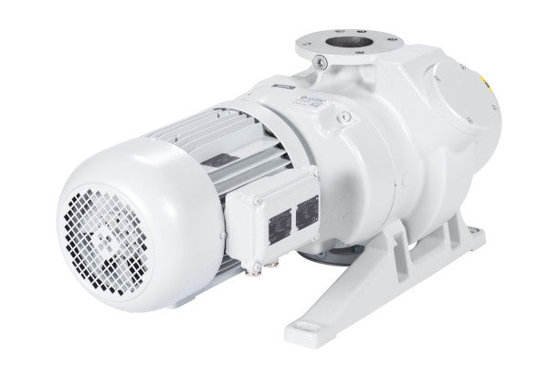 The Leybold North America RUVAC WSU 501 - DN 63 PN6 - LVO 100 is a white industrial centrifugal pump with metal casing and cylindrical electric motor, ideal for high-performance vacuum system integration.