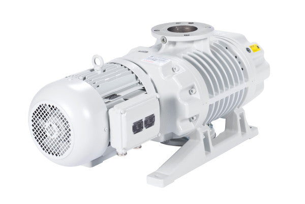 The Leybold North America RUVAC WS 1001 - DN 100 PN6 is a silver, high-performance vacuum pump with a cylindrical motor and ribbed chamber, mounted on a sturdy metal base—ideal for demanding industrial use.