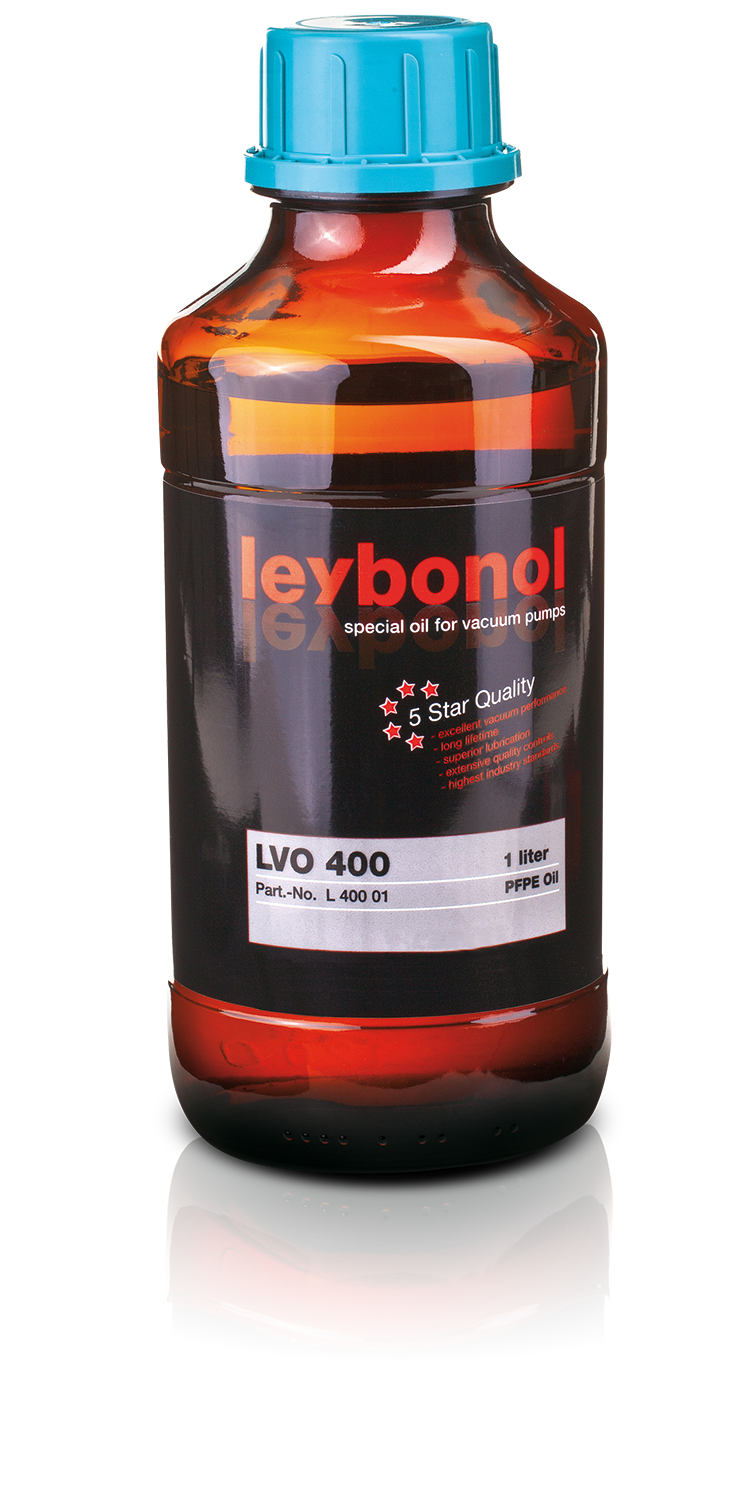 A brown bottle labeled "LEYBONOL LVO 400 by Leybold" with a blue cap. The label includes a rating of "5 Star Quality" with four filled stars and one empty star, and text reading "LVO 400, Part-No.: L 400 01, 1 liter, PFPE Oil.
