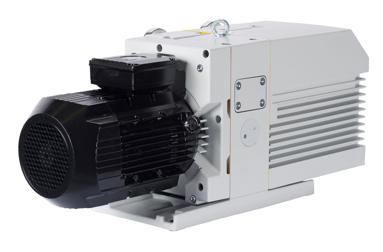 A close-up of the Leybold North America Shop TRIVAC D65B-ASP 3-Mot 6506961 vacuum pump shows its white metal body, black motor with cooling fins, screws, and mounting brackets against a white background.