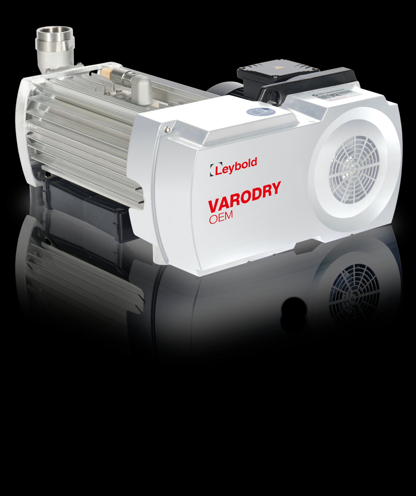 A Leybold North America Shop VARODRY VD 200 OEM vacuum pump (60Hz, 230/460V), in like-new silver and white condition with visible vents and a red logo, is displayed on a reflective black surface.
