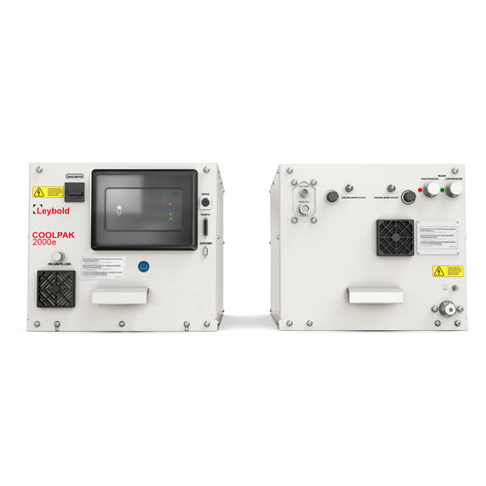 Front and back views of the Leybold North America Shop COOLPAK 2000e – CP, a white industrial cooling unit with vents, buttons, warning labels, a digital display, control knobs, and multiple ports.