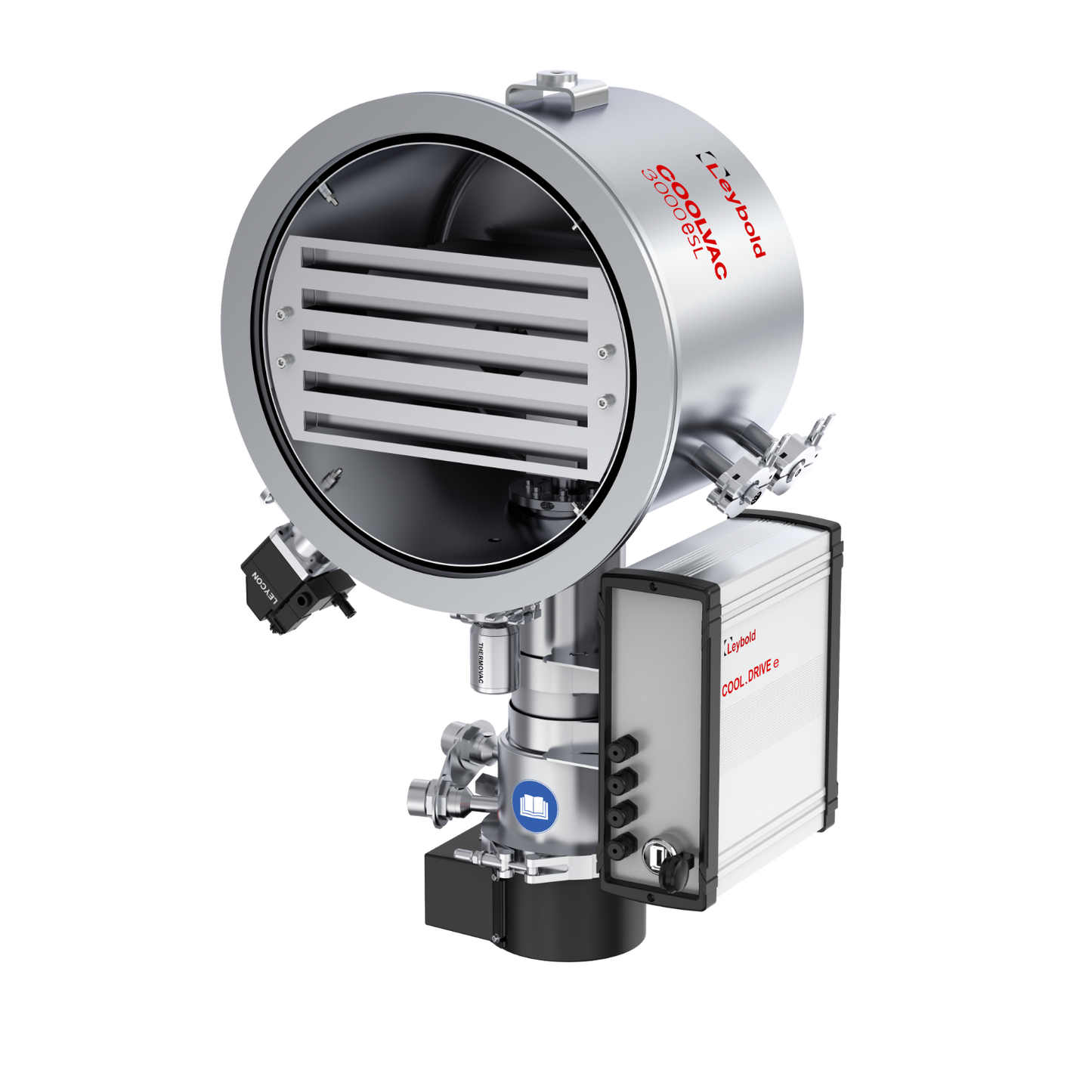 A metallic industrial valve actuator with a circular housing, slotted vent, control box, multiple ports, and a label reading "Leybold North America Shop COOLVAC 3000 eBL 320 ISO-K.