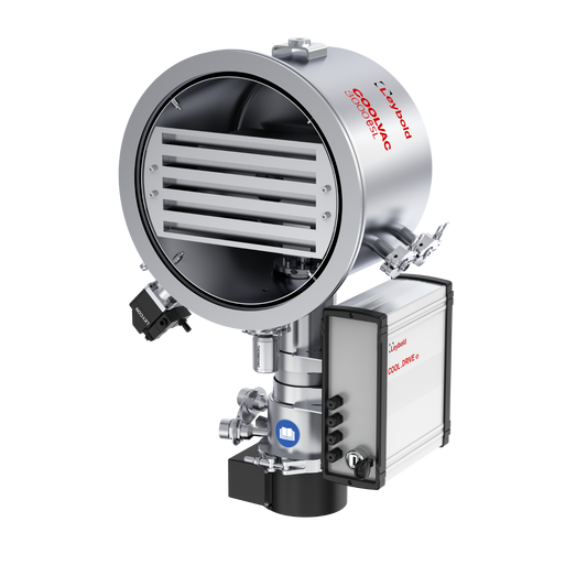 A metallic industrial valve actuator with a circular housing, slotted vent, control box, multiple ports, and a label reading "Leybold North America Shop COOLVAC 3000 eBL 320 ISO-K.