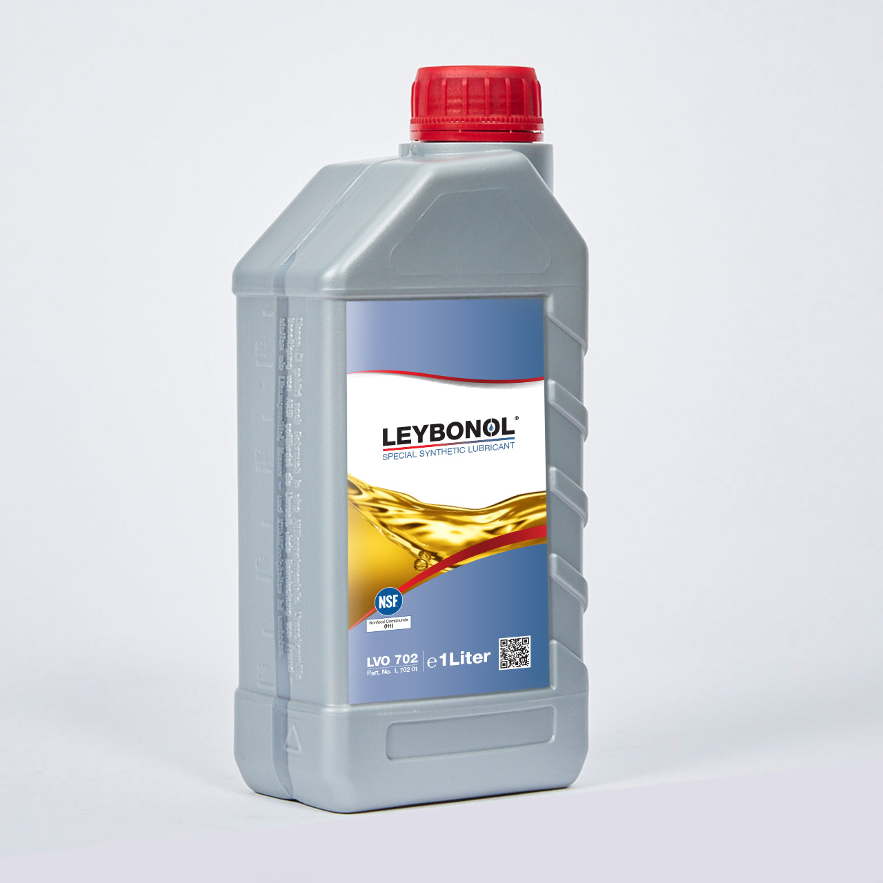 A 1-liter gray plastic bottle of Leybold LEYBONOL LVO 702 synthetic vacuum lubricant with a red cap, blue-and-white label featuring golden oil, stands upright on a light background.