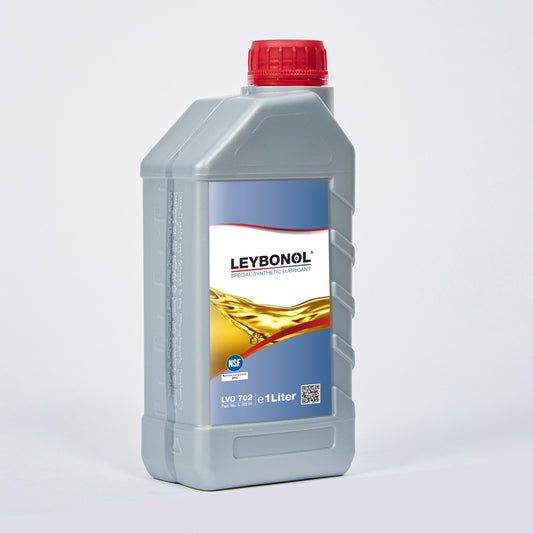 A 1-liter gray plastic bottle of Leybold LEYBONOL LVO 702 synthetic vacuum lubricant with a red cap, blue-and-white label featuring golden oil, stands upright on a light background.