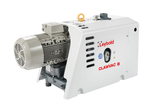 A Leybold North America Shop CLAWVAC CP 65 B vacuum pump with a white and gray exterior. The motor and mechanical components are enclosed, and the product name and brand are prominently displayed in red lettering on the side. A small yellow handle is visible on the top.