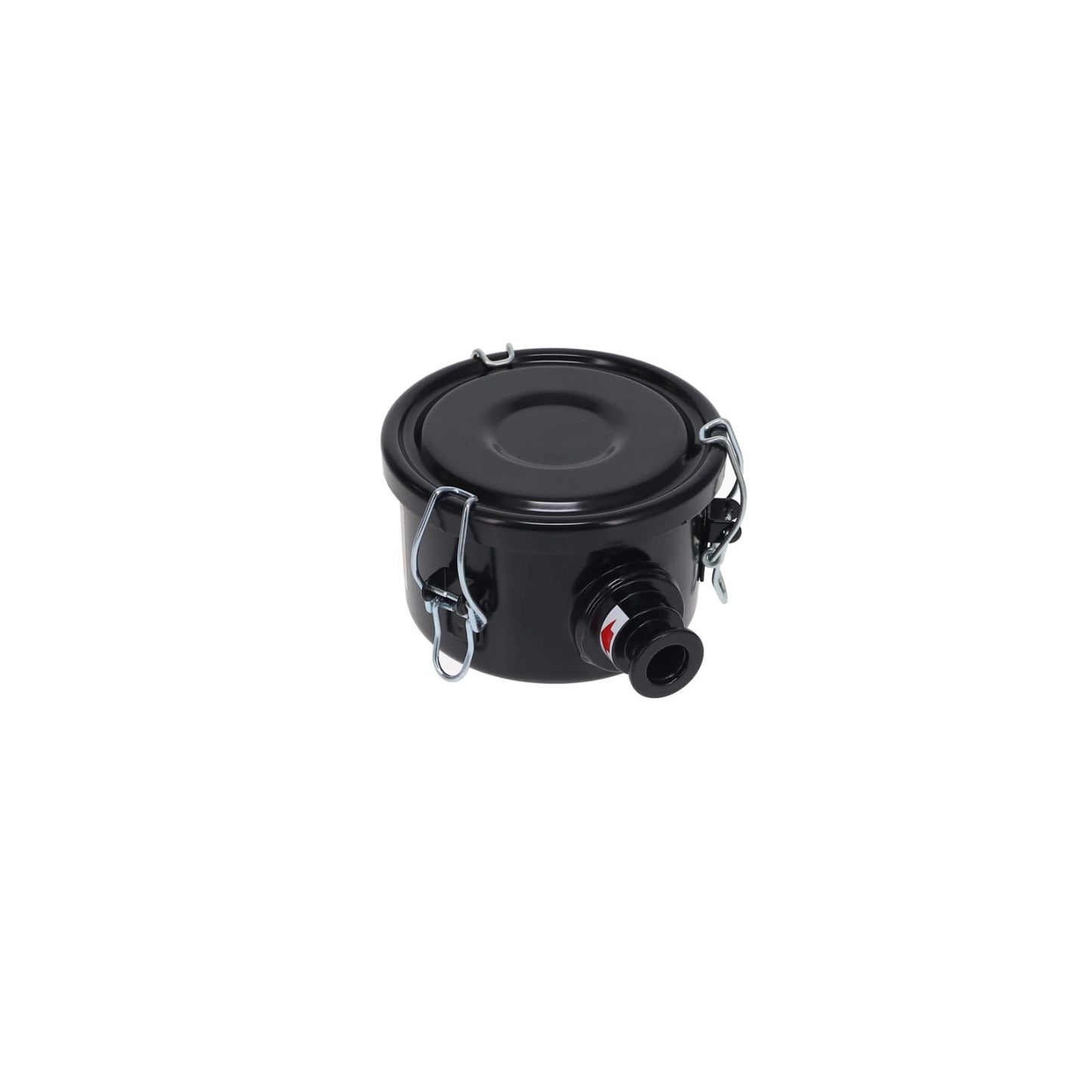 The Filter housing FH by Leybold North America Shop is a black cylindrical unit with metal clip-secured lid and side outlet, perfect for use as a vacuum pump filter, shown isolated on a white background.