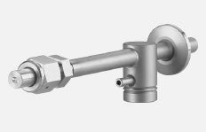 Introducing the "Test Leak in Pin Type Casing and VCO-coupling 0,5 - 1E-7 mbal/s" by Leybold North America. This metallic valve boasts a cylindrical body, hexagonal nut, and side nozzle, equipped with VCO-Coupling. It shines primarily in silver and includes a control adjustment section, designed for plumbing or industrial applications.