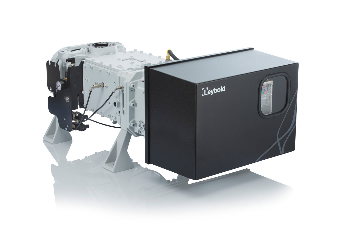 A high-tech industrial vacuum pump from Leybold positioned on a reflective white surface. The DRYVAC DV 300 features a sleek black casing with control display and a robust white support structure, highlighting its advanced engineering design.