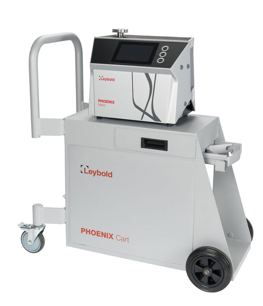 A compact, wheeled cart labeled "PHOENIX Vario Cart" with a Leybold North America Shop PHOENIX Vario device mounted on top. The device features a display screen, buttons, and a dial. The cart has handles and caster wheels for easy mobility.