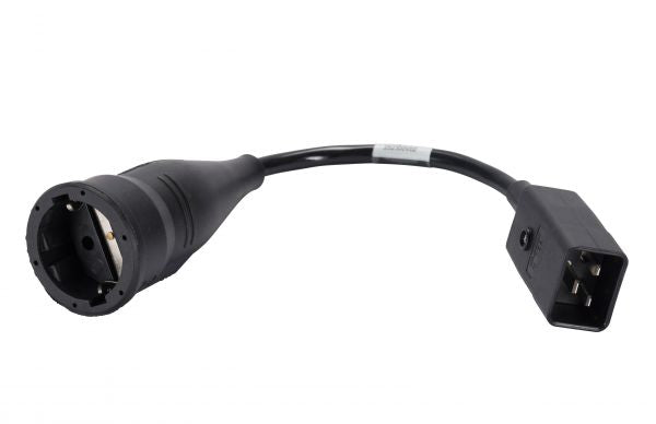The Leybold North America PHOENIX Vario Electrical Plug features a black adapter with a rounded socket on one end and a rectangular plug on the other, connected by a short, flexible black cable.