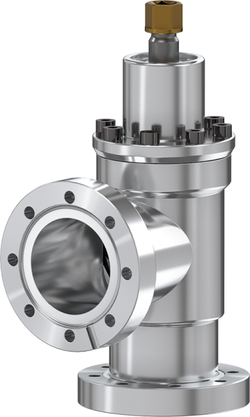 The UHV All-metal Valve DN 63 CF by Leybold North America is a silver valve with flanged connections, ideal for ultra-high vacuum applications. It has multiple bolt details on top and a brass component on the upper section for high-pressure flow control.