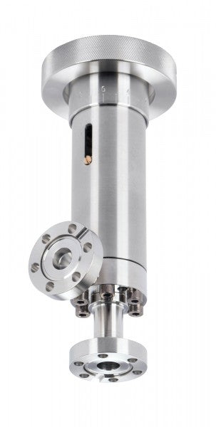 Introducing the UHV All-Metal Variable Leak Valve from Leybold North America: a metallic industrial valve that features a cylindrical body, a knurled top for enhanced grip, and an extending smaller component. It includes a flange connection with multiple bolt holes and a circular top plate that has markings for precise adjustments.