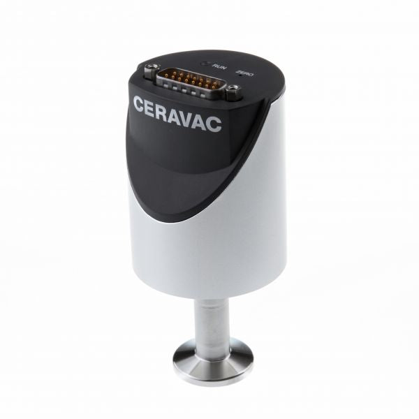 The CERAVAC CTR 101 by Leybold North America is a cylindrical electronic device featuring a connector port with multiple pins on the top surface and a metallic base for mounting. The device is predominantly white with a black, slightly curved panel at the top.