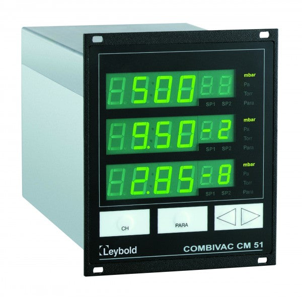 The Leybold North America COMBIVAC CM 51 - RS 232 C / 485 is a digital vacuum gauge with a black front panel displaying numerical readings in green LED lights. The device features three sets of numeric values and units (mbar, Pa), along with control buttons below the display screen for operation.