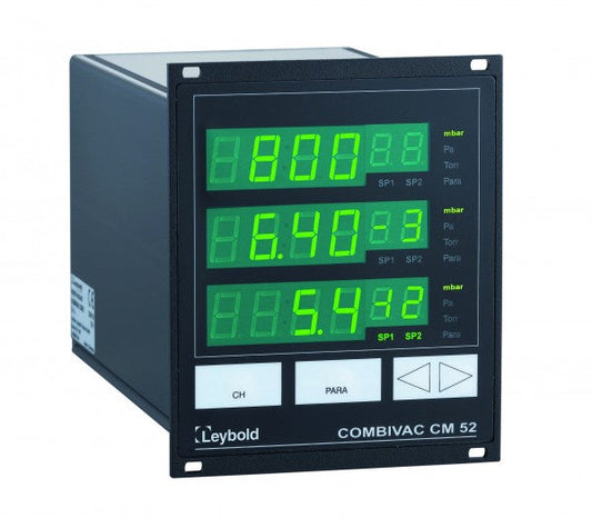 A black boxed device branded as the Leybold North America COMBIVAC CM 52 - RS 232 C / 485 features a digital display with three glowing green numerical readings; from top to bottom they read "800," "6.40," and "5.4." Below the numbers, there are four buttons labeled "CH," "PARA," "SP1," and "SP2.