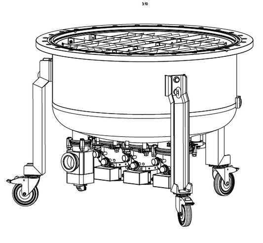 A detailed technical drawing of the COOLVAC 30000 by Leybold North America, a large circular industrial machine with wheels and a support structure. The machine features a grid-like cover on top and various mechanical components underneath, indicating its use in processing or manufacturing applications.