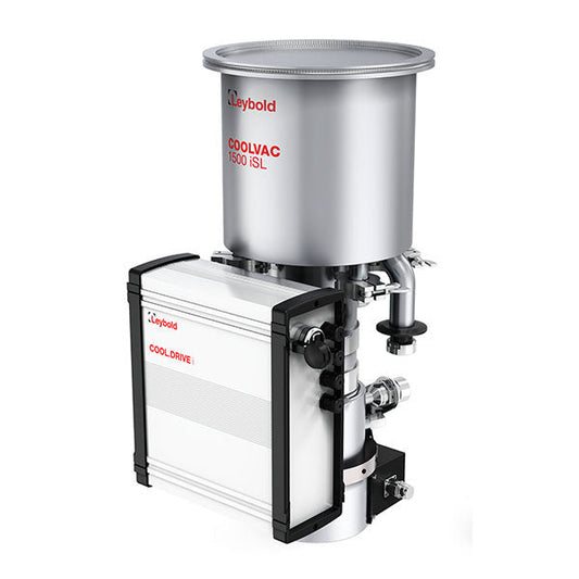 A Leybold North America COOLVAC 1500 iSL, an advanced cryogenic vacuum pump, boasts a cylindrical upper chamber labeled with its name and is connected to a square control unit marked "COOL DRIVE." This sophisticated device is equipped with various pipes and valves designed for scientific or industrial applications.