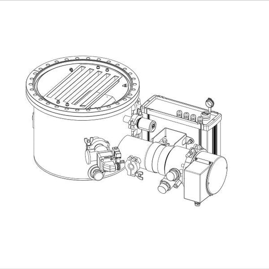 A black and white technical drawing of the COOLVAC 2000 iSL-H by Leybold North America, featuring a cylindrical chamber with a large lid, a series of pipes and valves attached to its side, and an adjacent control box with various knobs and gauges.