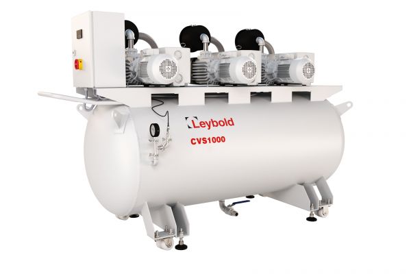 Image of a Leybold North America CVS1000 1XSV300B Basic industrial vacuum system. It features a large cylindrical tank with three vacuum pumps mounted on top. The tank is white and has the Leybold logo and model number prominently displayed on the side.