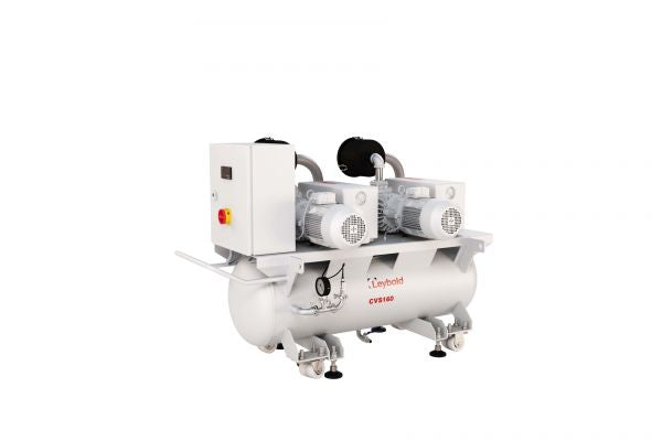 Image of a Leybold North America CVS160 1XSV100B Basic dental air compressor, featuring a white tank with two large motors mounted on top and an attached control panel. The compressor is designed for use in dental applications.