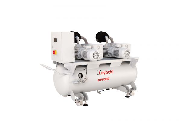 An industrial vacuum pump, the CVS300 1XSV100B Basic by Leybold North America, features twin motors mounted on a large cylindrical tank. The unit includes a control panel and various pipes and connections for efficient operation of vacuum systems. The entire unit is predominantly white and gray.