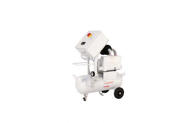 Image of the Leybold North America CVS60 1XSV40B Basic vacuum system, featuring a white cylindrical storage tank mounted on two wheels for easy mobility. The unit includes a control panel with a red button and gauges, as well as a small compressor situated on top.