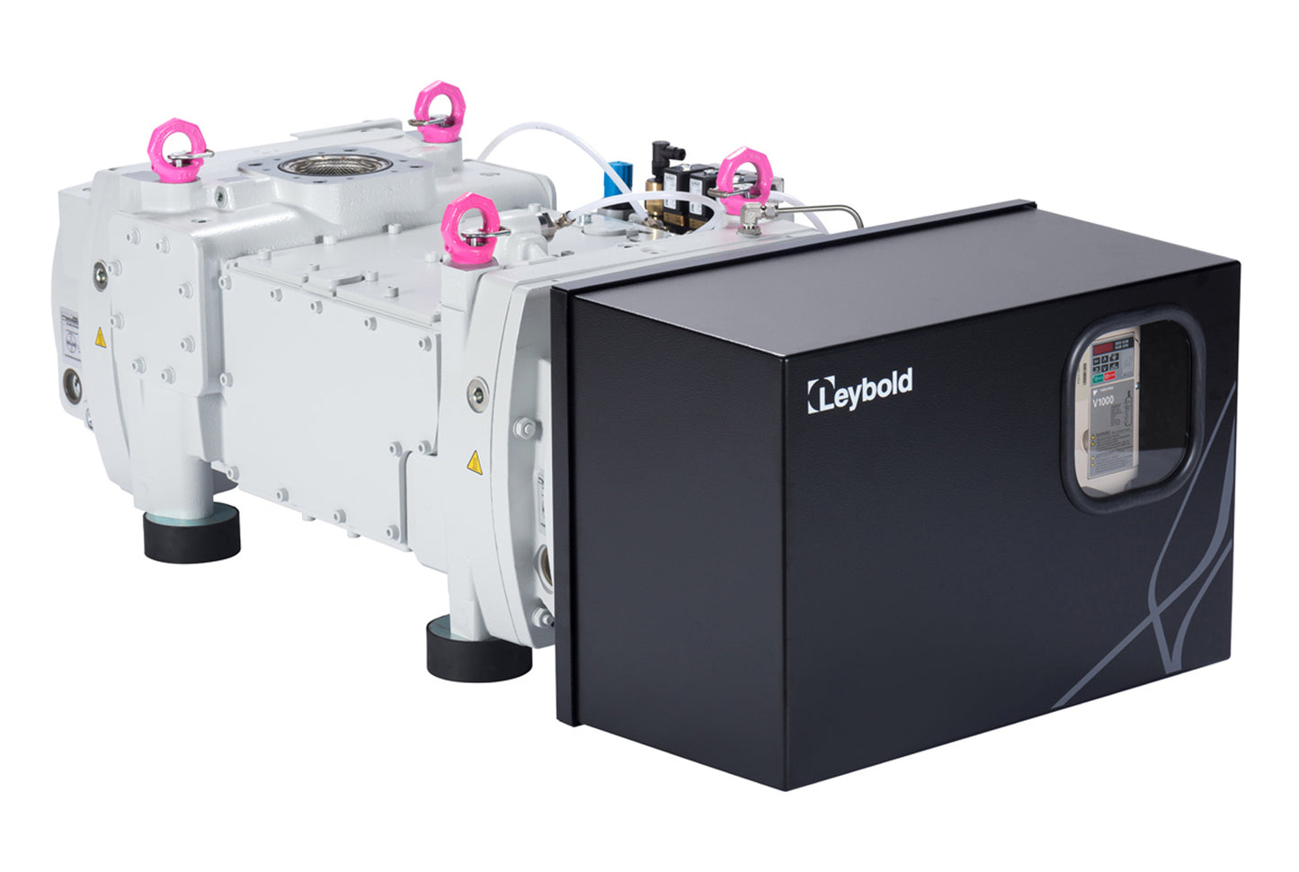 Image of a Leybold DRYVAC DV 800 vacuum pump featuring a white, industrial-grade pump unit and a black, rectangular control module with a display screen. The setup also includes pink, looped handles and various connectors for hoses or cables.