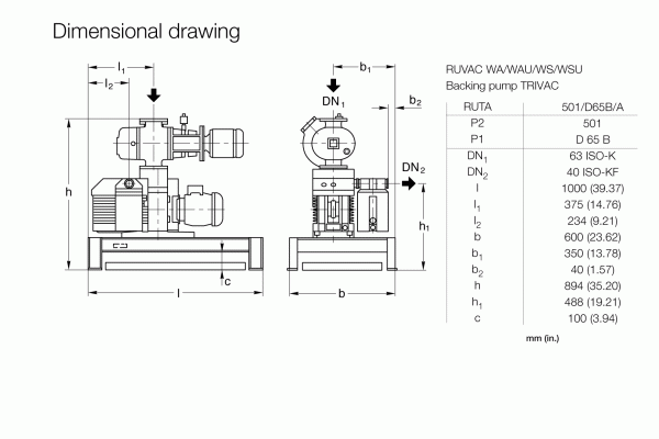 Dimensional drawing showcasing the measurements of a Leybold North America RU/RC RUTA WAU 501 / D 65 B / A backing pump TRIVAC. Features annotated dimensions in millimeters with parts labeled from A to H and various measurements denoted by 'DN' and 'I' categories.