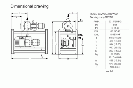 Dimensional drawing of a Leybold North America RUTA WAU 501 / D 65 B / G vacuum pump system showing various measurements in millimeters. The image includes front and side views, indicating dimensions such as length, width, height, and inlet/outlet port sizes.