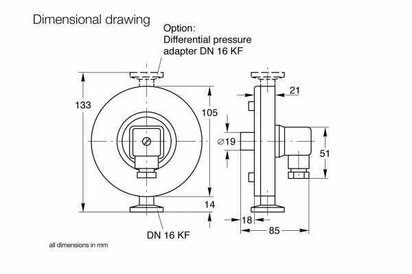 The PS 115 Pressure Switch by Leybold North America features DN 16 KF flanges, measures 133 mm high and 105 mm wide with a central circular section, and provides adjustable set points. The side view shows the depth and details, with an optional differential pressure adapter available.