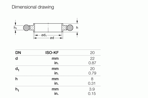The technical drawing of the Leybold North America Centering Rings DN 20 ISO-KF (Aluminum) shows a cylindrical object with flanges suitable for vacuum systems. Specifications are d: 22mm, d1: 20mm, h: 8mm, h1: 3.9mm; compatible with ISO-K.