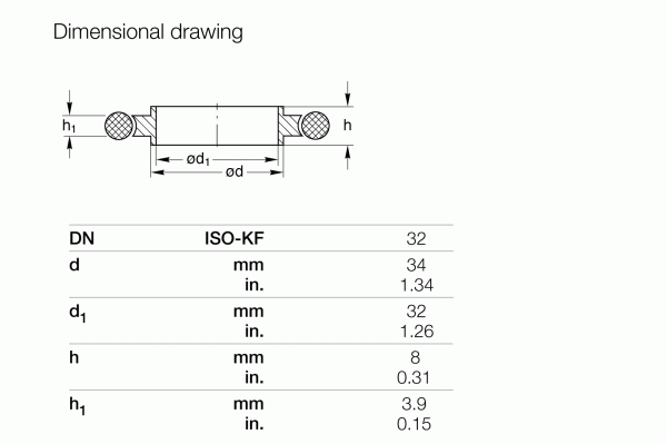 The dimensional drawing of Leybold North America's Centering Rings DN 32 ISO-KF (Aluminum) shows labeled diameters and heights for vacuum systems with measurements in mm/inches: d (34mm), d1 (32mm), h (8mm), h1 (3.9mm). It conforms to ISO-KF flange standards.