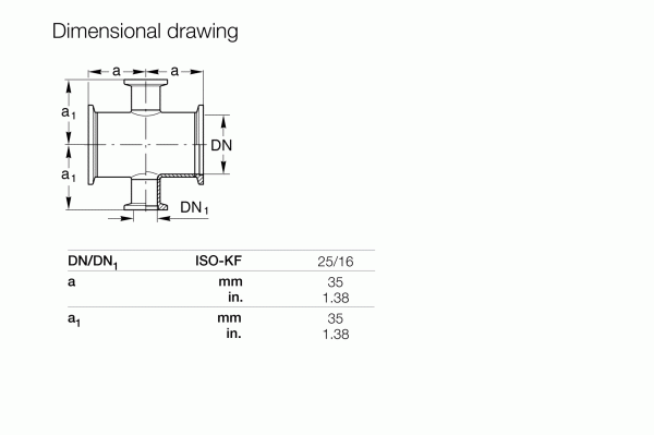 The illustration shows a 4-Way Reducer Cross by Leybold North America, essential for vacuum systems. Labeled dimensions include DN and DN1, with a = 35 mm (1.38 in) and a1 = 35 mm (1.38 in). It adheres to ISO-KF 25/16 standards for efficient gas flow management.