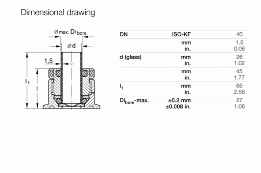 The dimensional drawing for Leybold North America's KF Flanges with Compression Fitting DN 40 ISO-KF (26 mm) shows measurements in millimeters and inches, including diameters Ø max, Ø d, length l₁, and detailed specs. It features a cross-sectional view to ensure a precise vacuum system fit.