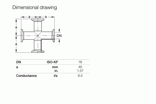 The Leybold North America 4-Way Crosses DN 16 ISO-KF is a cross-shaped pipe connector designed for vacuum applications. It features dimension 'a' at 40 mm (1.57 inches) and a conductance of 6.5 l/s, perfect for use with ISO-KF clamps in setups requiring such specifications.