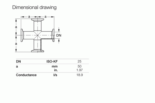 The dimensional drawing features a 4-Way Crosses DN 25 ISO-KF pipe fitting by Leybold North America. Designed for vacuum and pressure applications, it includes four arms labeled "a," each measuring 50 mm (1.97 in) with a conductance of 18.9 l/s.