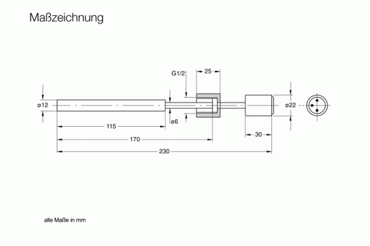 Maßzeichnung: Shows a Leybold North America Resistance Thermometer PT 100 Sensor, with dimensions in mm—threaded section G1/2", diameters 6, 12, 22 mm, and total length of 230 mm—for precise temperature measurement.