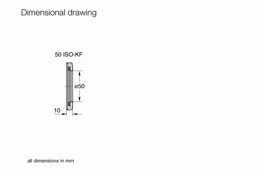 Technical drawing of the Leybold North America Observation Window DN 50 ISO-KF, diameter 50 mm, thickness 10 mm; commonly used in vacuum systems. All dimensions in millimeters with detailed annotations.