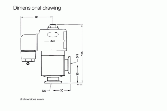 Technical diagram of Leybold North America's Venting Valve shows dimensions: 105mm height, 42mm diameter, with labels in mm. Designed to enhance system efficiency.