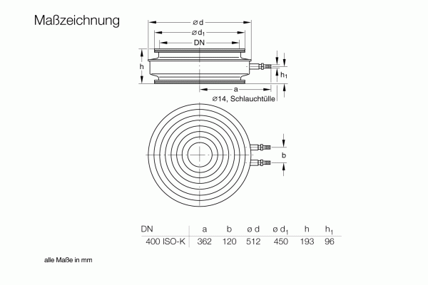 The technical drawing titled "Maßzeichnung" illustrates various dimensions of the Leybold North America Baffle for DIP 8000 DN 400 ISO-K, a cylindrical object featuring a flange. The side view depicts height (h) and radial dimensions (d), while the top view shows concentric circles with labeled diameters. All dimensions are specified in millimeters (mm).