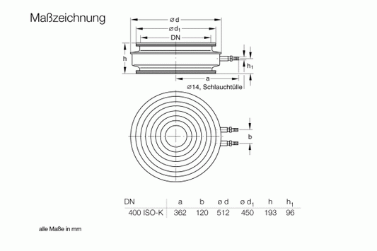 The technical drawing titled "Maßzeichnung" illustrates various dimensions of the Leybold North America Baffle for DIP 8000 DN 400 ISO-K, a cylindrical object featuring a flange. The side view depicts height (h) and radial dimensions (d), while the top view shows concentric circles with labeled diameters. All dimensions are specified in millimeters (mm).