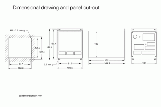 A technical dimensional drawing and panel cut-out diagram showing detailed measurements in millimeters for the rectangular COMBIVAC CM 52 - Profibus device from Leybold North America. The diagram includes front, side, and back views with specific dimensions and positions of holes and cut-outs for installation.