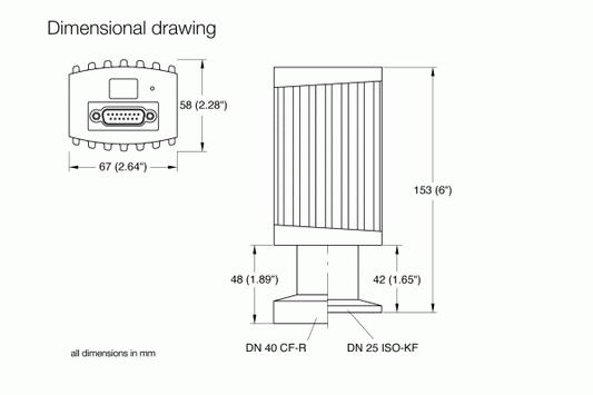 The dimensional drawing of the Leybold North America IONIVAC ITR 200 SP Profibus Interface shows front and top views with connector dimensions of 67mm and 58mm, side view height of 153mm, base dimensions of 48mm and 42mm, labeled DN 40 CF-R, DN 25 ISO-KF for industrial integration.