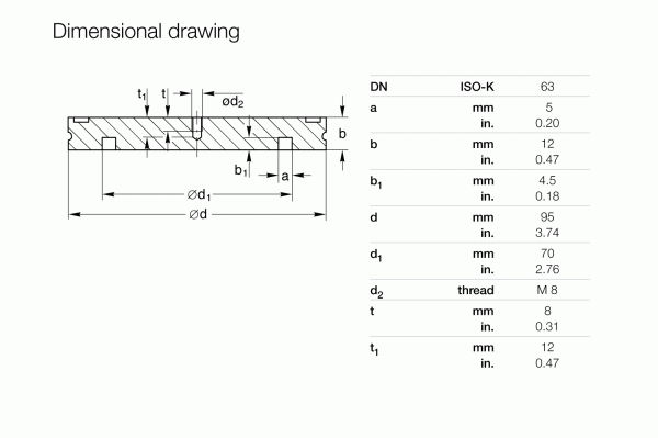Cross-section diagram of Leybold North America Blank Flanges DN 160 ISO-K with labeled dimensions. Parameters a, b, b1, d1, d2, t, and t1 follow ISO-K specs. Table gives millimeter and inch values for ISO-K 160 blank flanges.
