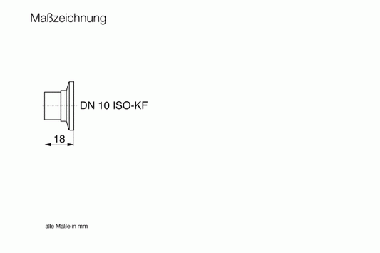 The technical drawing labeled "Maßzeichnung" shows the Leybold North America Connection Flange for "Micro" Valves - DN 10 ISO-KF, a cylindrical vacuum component with an 18 mm horizontal dimension; all dimensions are in mm.