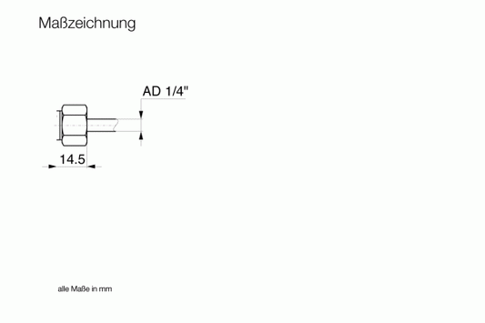 The technical drawing labeled "Maßzeichnung" shows Leybold North America's Connection Tube for "Micro" Valves - 1/4", featuring a cylindrical design, 14.5 mm length, and diameter AD 1/4"; all dimensions are in millimeters. Ideal for fluid control applications.