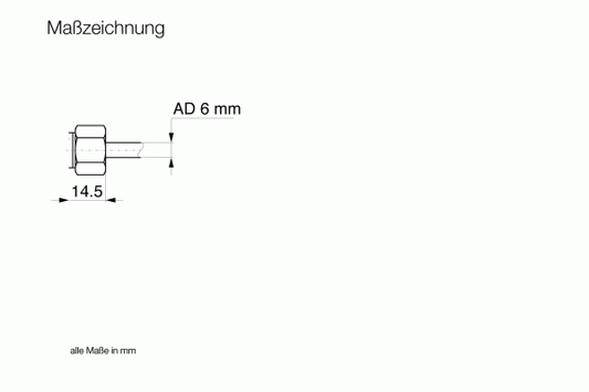 The technical drawing labeled "Maßzeichnung" depicts the Leybold North America Connection Tube for "Micro" Valves - 6mm, with a 6 mm diameter and 14.5 mm length; note at bottom: "alle Maße in mm" (all dimensions in mm).